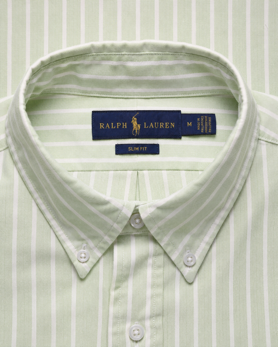 White Mint Green Ralph Lauren slim fit vintage striped shirt collar and label detail
