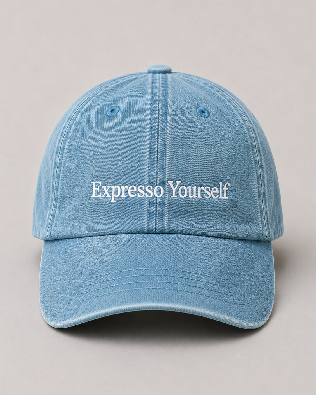 Washed Blue White Embroidered Cotton Cap – 'Expresso Yourself'