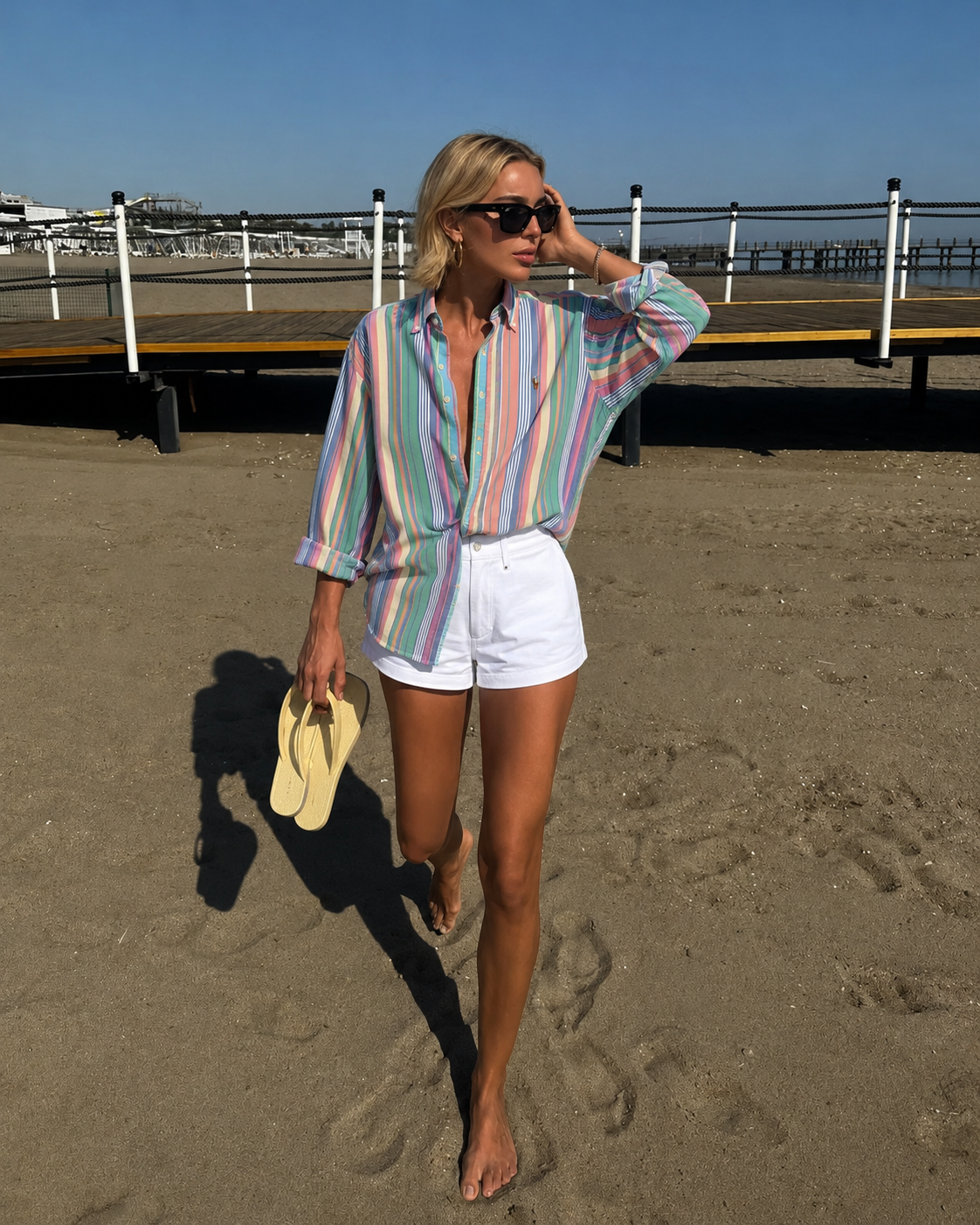Woman in a striped shirt and white shorts standing on a sandy beach with a pier in the background.