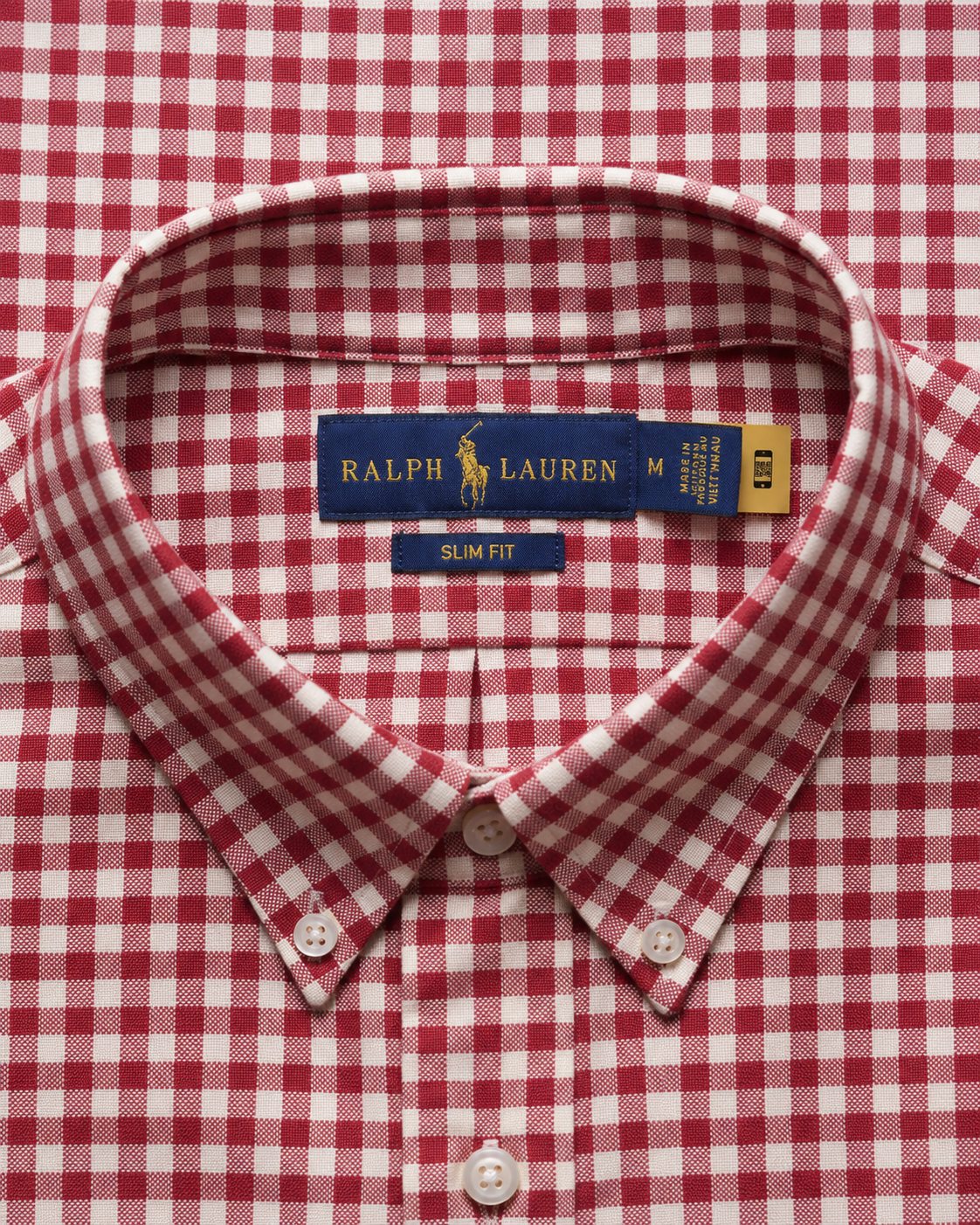 Ralph Lauren slim fit burgundy white gingham shirt collar label detail