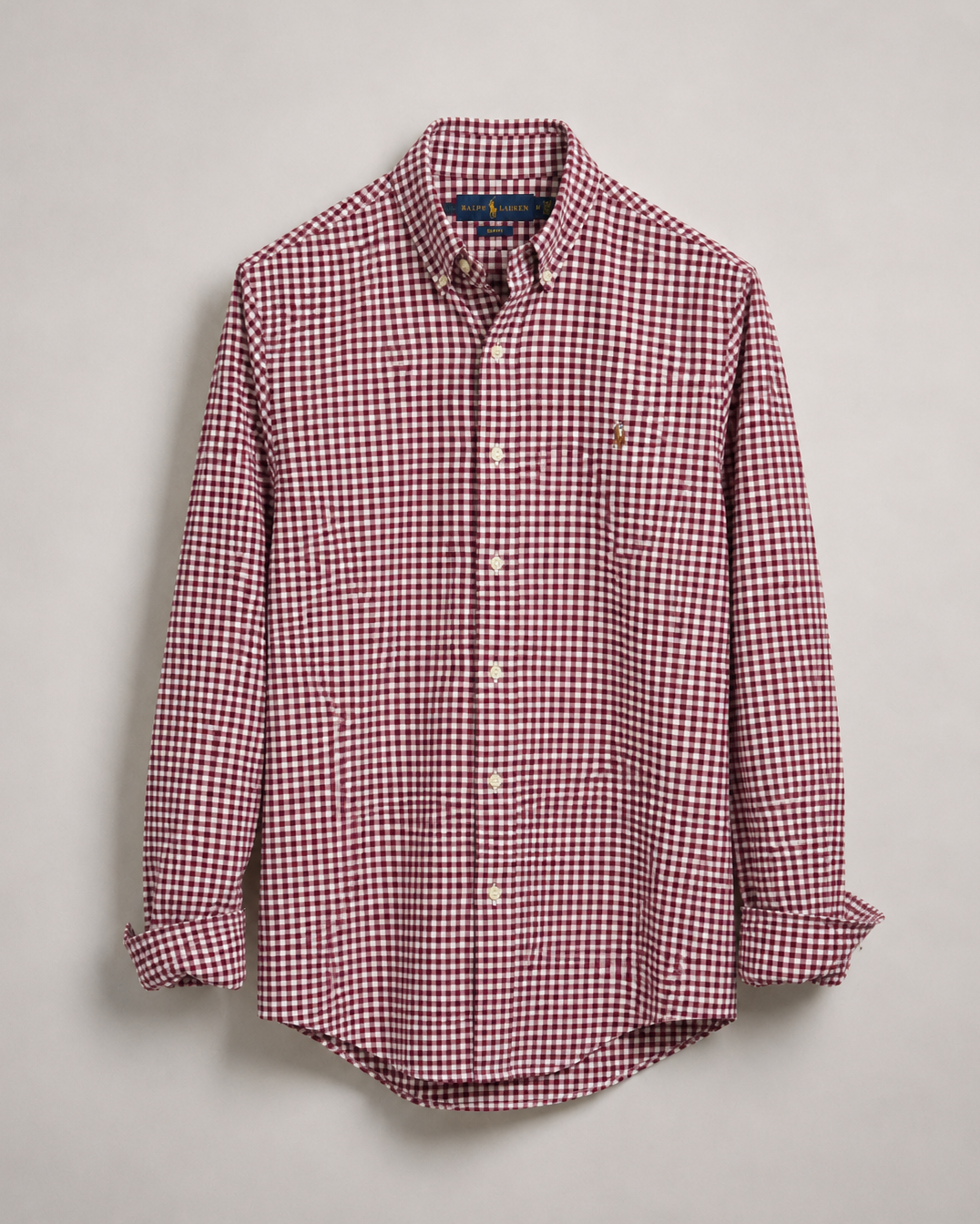 Authentic pre-loved Ralph Lauren burgundy white gingham button down shirt