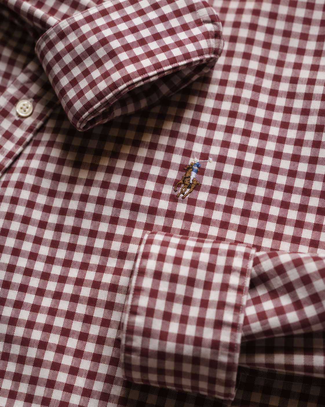 Close-up Ralph Lauren slim fit burgundy white gingham shirt collar label detail