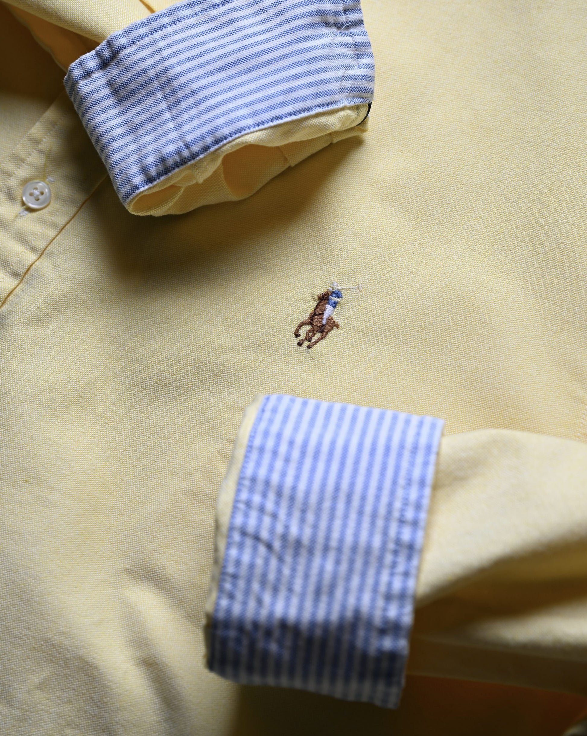 Ralph Lauren embroidered pony logo on vintage yellow oxford shirt detail logo 