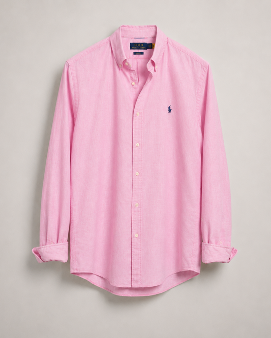 Vintage Hamptons Pink button-up linen shirt oversized slim fit with a navy logo on a light gray background 
